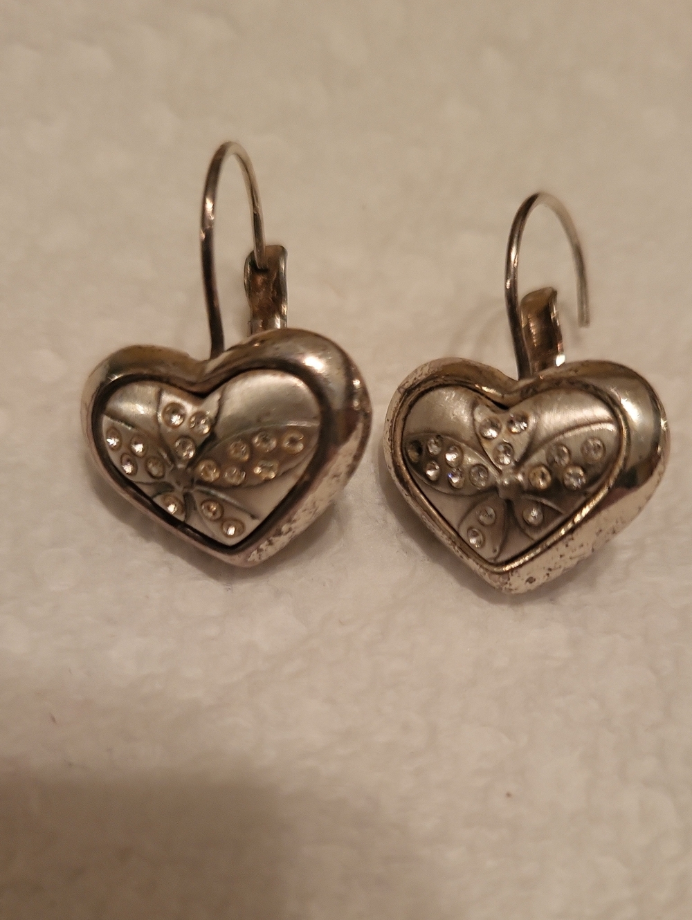 Silver Heart Drop Earrings with Butterfly Accent